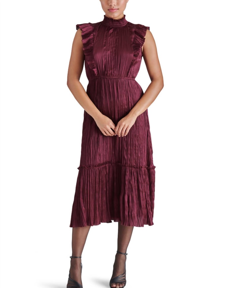 Front of a model wearing a size L Wednesday Dress In Wine in Wine by STEVE MADDEN. | dia_product_style_image_id:355980